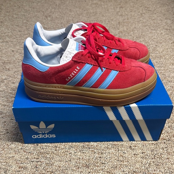 adidas Shoes - Adidas Gazelle Platform Red Suede Sneakers with Light Blue Stripes